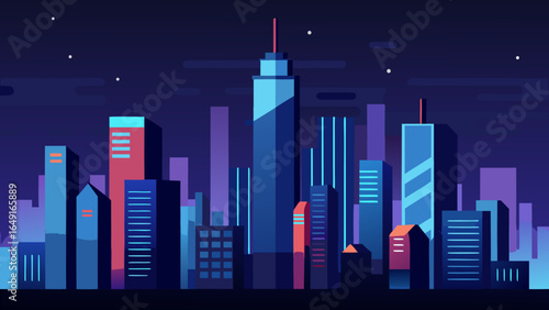 Modern city skyline at night with geometric buildings and stars