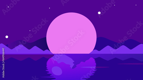 Vibrant purple landscape with a large pink moon reflecting on calm water