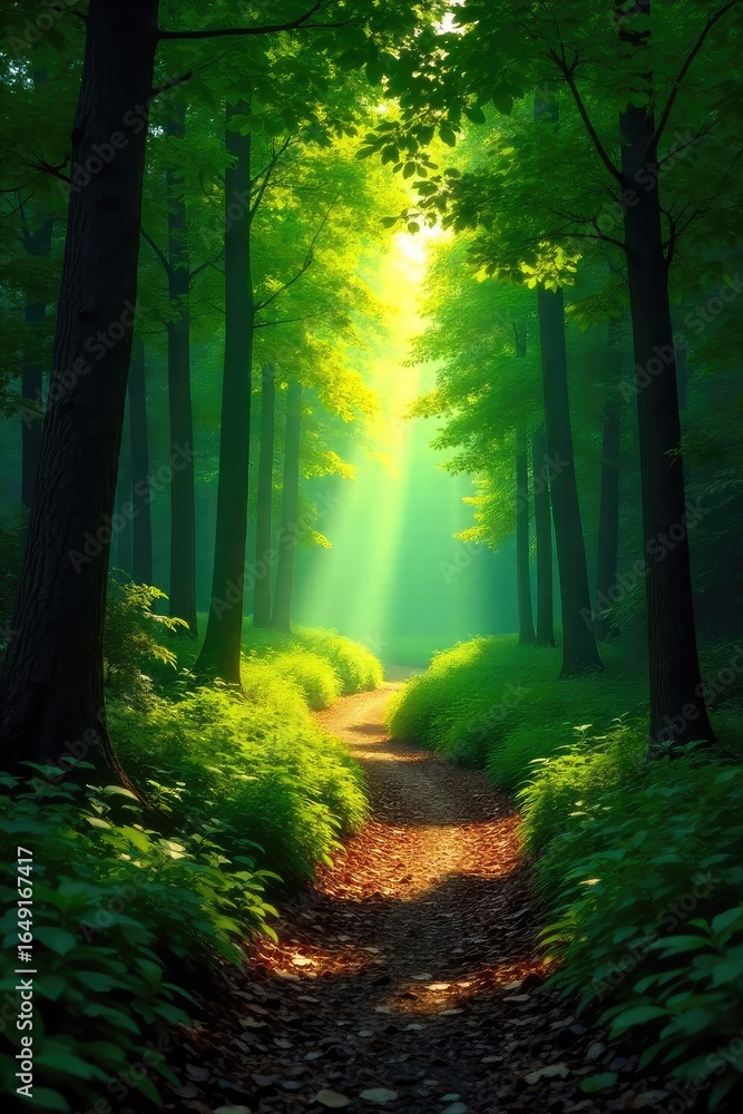 Obraz premium A winding path through a lush forest, sunlight dappling the leaves, leading to an unseen destination This image evokes a sense of exploration and the journey of life , branches, wood