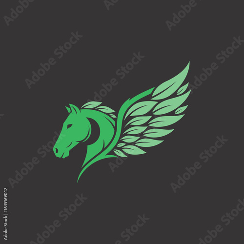An elegant and modern illustration of a pegasus with wings made of leaves. This design symbolizes nature, freedom, and mythology, ideal for green brands or spiritual themes.
