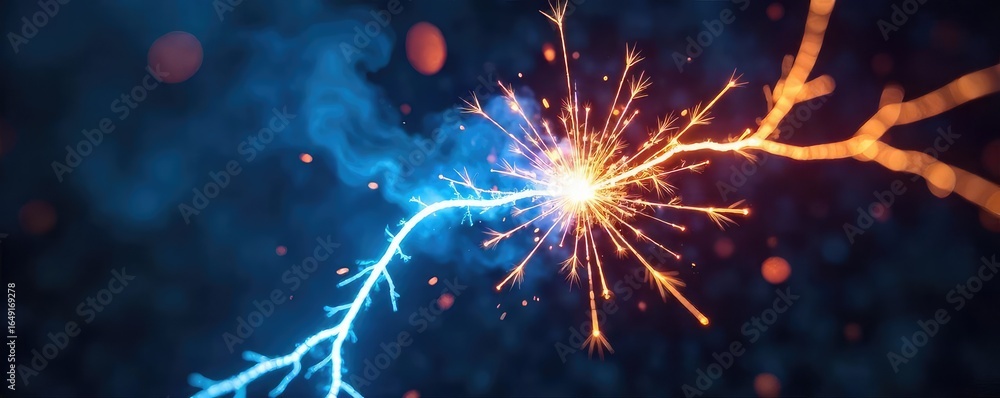 Fototapeta premium Close-up of sparking electrical wires, emitting a bright, intense blue light, chaotic energy, powerful voltage , high voltage, malfunction