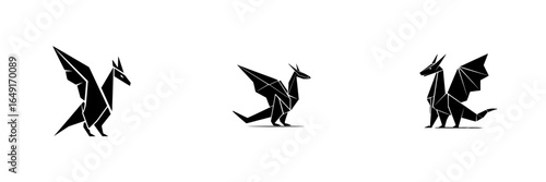 Three distinct origami dragon designs showcasing different postures and styles set against a minimalist background