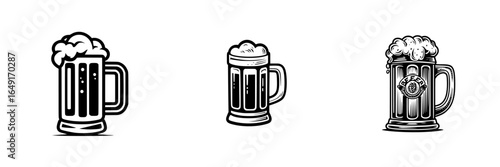 Unique hand-drawn beer mugs depict variety of craft beers in black and white illustration style