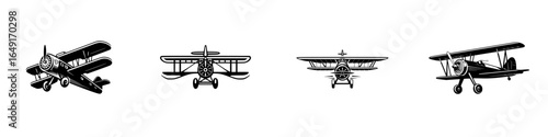 Vintage aircraft illustrations featuring four distinct biplanes and a monoplane designed in a classic style