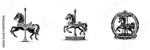 Vintage carousel horses in intricate designs showcasing artistry and nostalgia