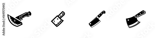 Various kitchen knives and cleavers displayed in a minimalist style for culinary enthusiasts