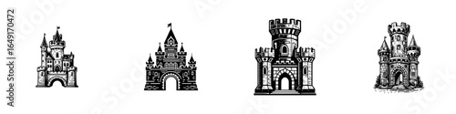 Various detailed illustrations of castles showcasing different architectural styles and designs from various historical periods