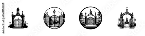 Intricate designs of cemetery gates showcasing various styles and architectural details in black and white