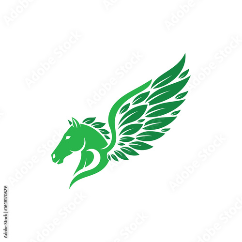 A dynamic and modern illustration of a pegasus with wings made of leaves. This design symbolizes nature, freedom, and mythology, ideal for eco-friendly or spiritual themes.
