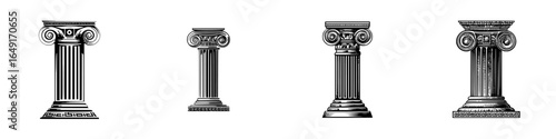 Various styles of classical columns presented in detailed black and white illustrations on a clean background