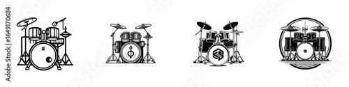 Drum sets in various styles showcased in a minimalistic black and white design for music enthusiasts and artists