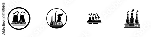 Industrial symbols depicting power plants and factories with smokestacks in black and white design