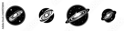 Various artistic representations of galaxies and planetary systems in black and white artwork