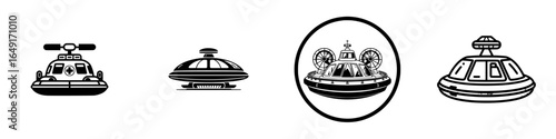 Various designs of flying saucers with unique structures and features presented against a simple background
