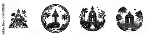 Intricate black and white illustrations of ancient temples surrounded by lush vegetation and palm trees