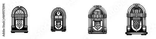 Classic jukeboxes in black and white showcasing vintage design and nostalgic charm from mid-20th century Americana