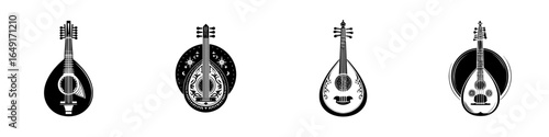 Different styles of traditional string instruments displayed in a minimalist design showcasing their unique shapes and features