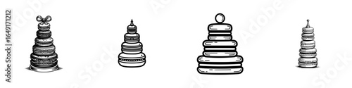 Various styles of tiered cakes on a white background showcasing different designs and decorations for celebrations