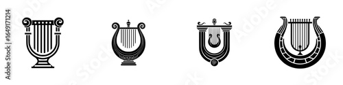 Various designs of lyres showcasing traditional musical instruments in a minimalist, artistic style