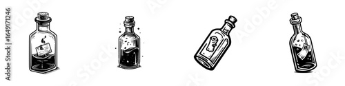 Variety of vintage potion bottles with unique designs features different contents and shapes