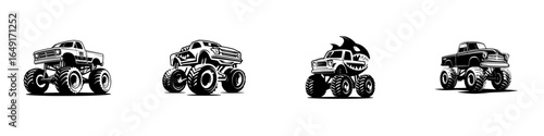 Various monster trucks featuring unique designs and styles in a black and white illustration