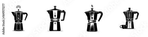 Four stages of brewing coffee with a moka pot on a white background