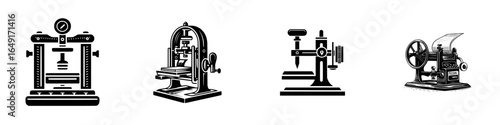 Historical printing presses showcasing traditional techniques in a vintage style illustration