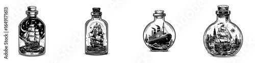 Unique depictions of ships in bottles with intricate designs showcasing maritime themes and craftsmanship