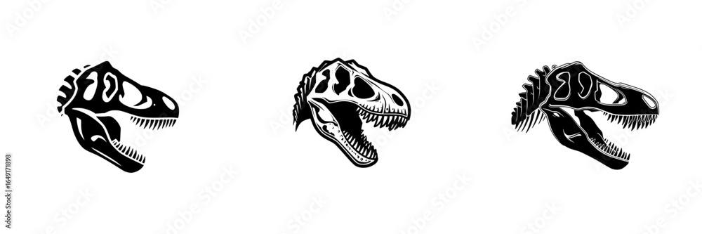 Unique dinosaur skull illustrations featuring three distinct designs for educational purposes and creative projects Unique dinosaur skull illustrations featuring three distinct designs for educational purposes and creative projects