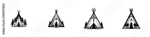 Various designs of traditional tipis set against a minimalist background showcasing native architecture
