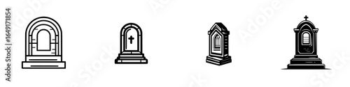 Different styles of gravestones arranged in a row showcasing various designs and shapes in a stark black and white format