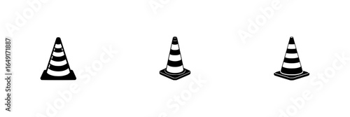 Striped traffic cones arranged in a row against a white background highlighting road safety elements and construction themes