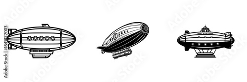 Vintage zeppelins designed with elegant lines and detailed patterns showcase aviation history and design trends in a monochromatic style