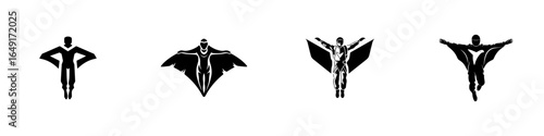 Graphic representation of stylized flying figures in various poses showcasing dynamic movement and strength