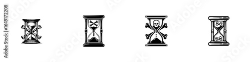 Symbolic hourglass designs showcasing themes of life, death, and eternity in a minimalist black and white style