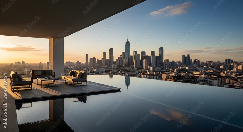 Fototapeta premium Infinity pool overlooking city skyline at sunset with outdoor seating and clear sky in the background