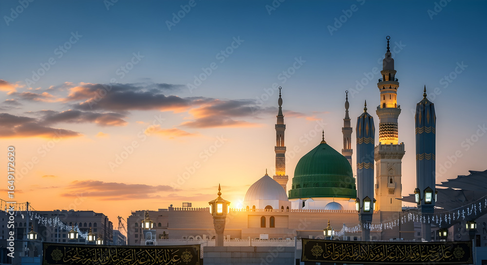 Fototapeta premium Milad un Nabi Maulid or Mawlid al Nabi islamic background banner with Madina mosque green dome view