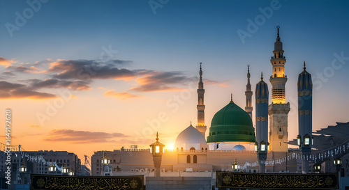 Milad un Nabi Maulid or Mawlid al Nabi islamic background banner with Madina mosque green dome view