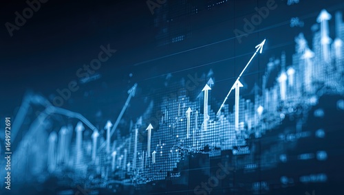 Close-up of digital financial chart showing upward trend.  Multiple lines and indicators display rising growth, with prominent upward arrows.  Dark background emphasizes the highlighted growth