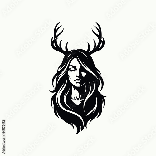 An elegant illustration of a beautiful woman with deer antlers, flowing hair, and closed eyes, symbolizing the spirit of nature and the forest.