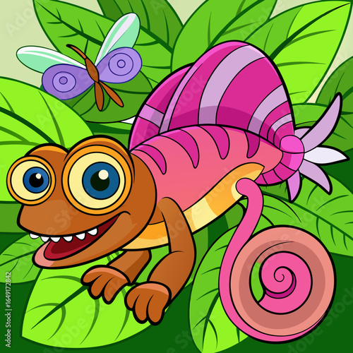 Funky chameleon with leaves