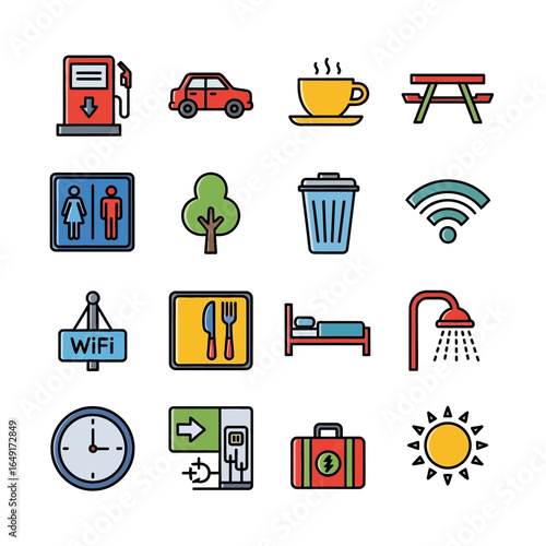 Assorted travel icons representing services amenities outdoors