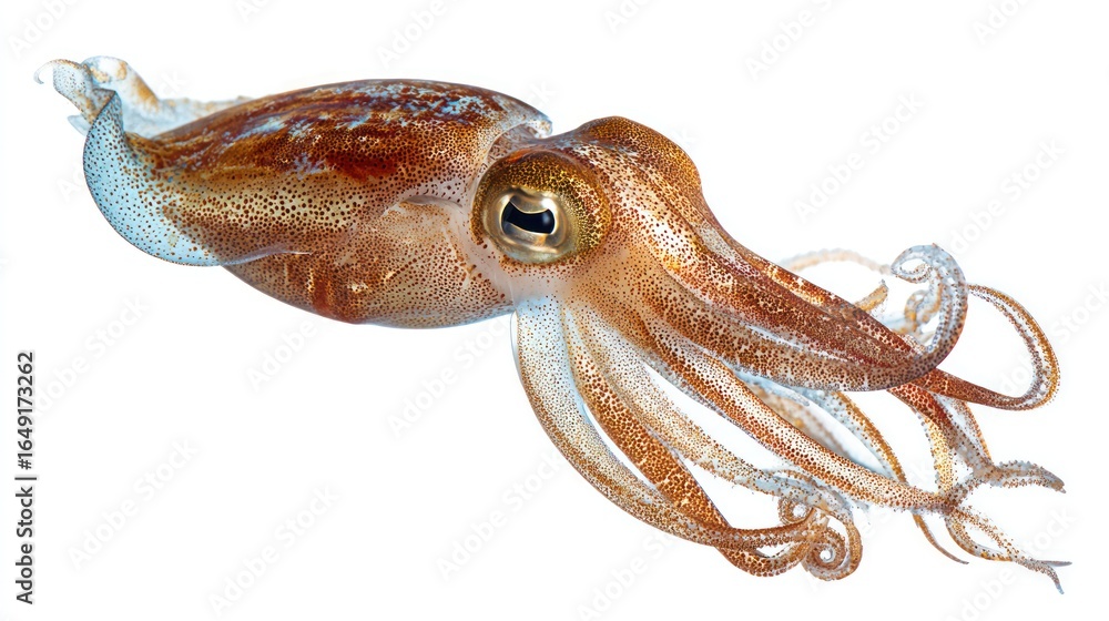Naklejka premium Brown squid, pale underside, with frilled fins isolated on a white backdrop