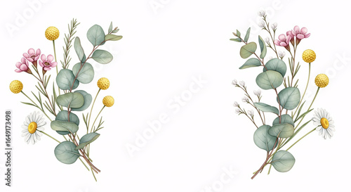 Watercolor floral border with eucalyptus, daisy, billy balls, pink wildflowers and green leaves – botanical illustration for invitations, greeting cards and wedding stationery
