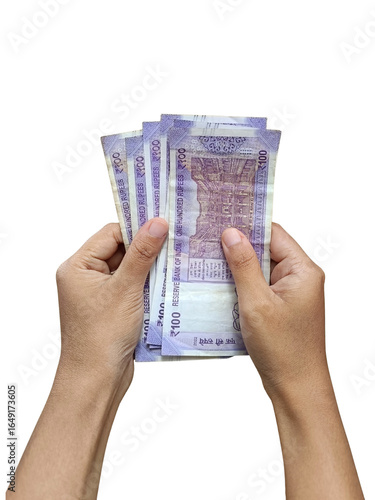 Hands holding multiple 100 rupee Indian bank notes PNG, counting, cashflow, payment, income, financial planning, wealth, savings.