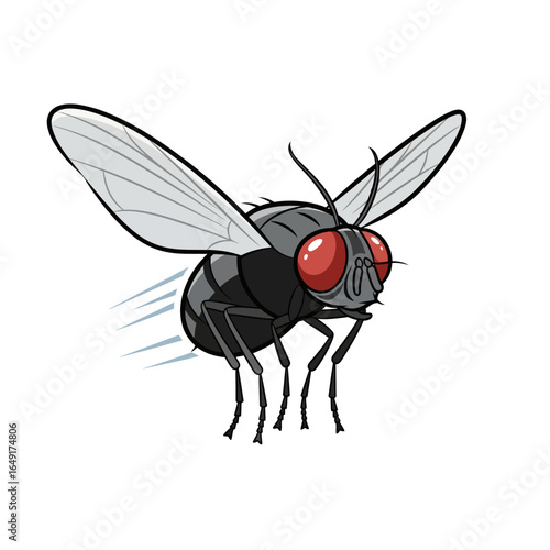 A cartoon illustration of a common housefly in mid-flight, showing speed lines.