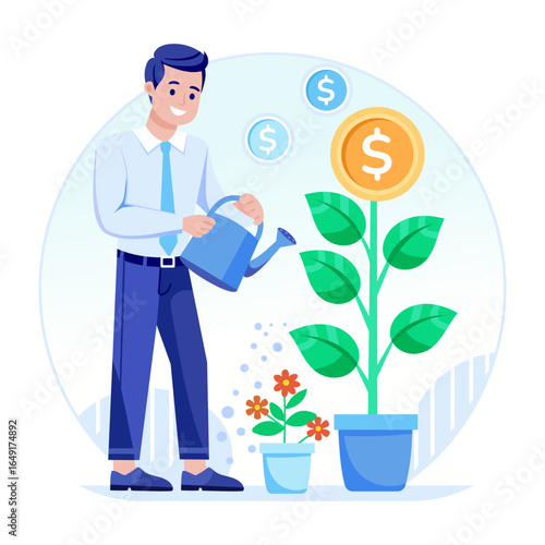 A flat style illustration showing investment growth