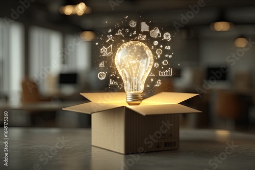 Creative idea generation concept with light bulb and icons emerging from open box in modern office setting