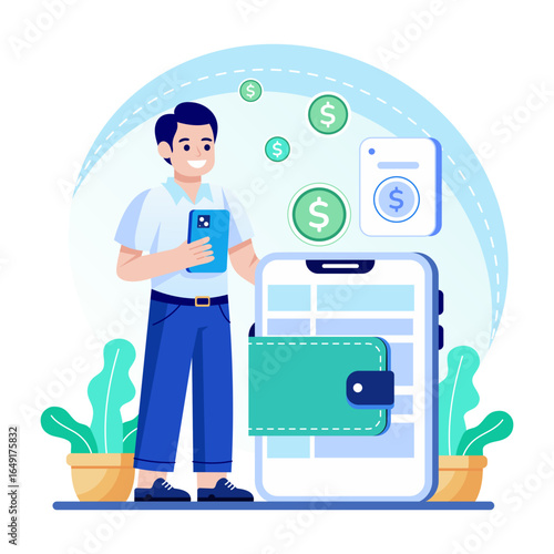 A flat style illustration showing mobile wallet