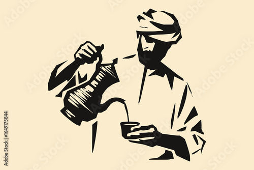 Arab man pouring coffee or tea black stencil silhouette vector illustration